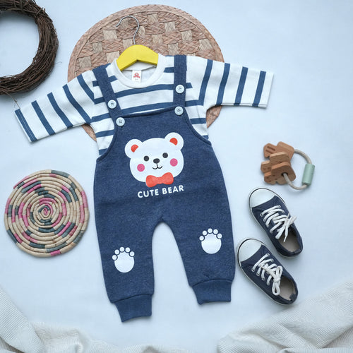 Cute Bear Winter Full Sleeve Shirt & Suspender Romper