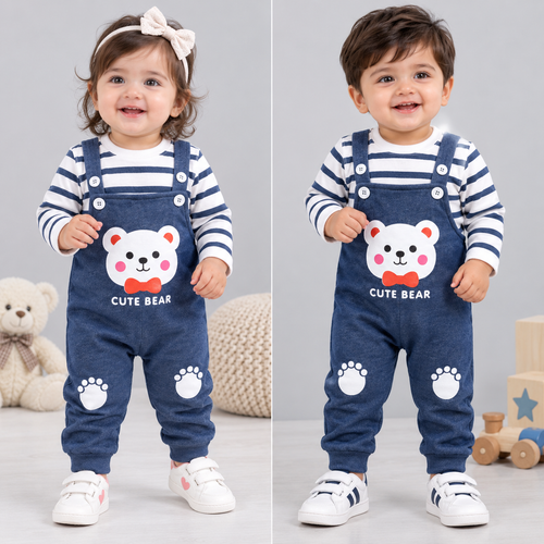 Cute Bear Winter Full Sleeve Shirt & Suspender Romper