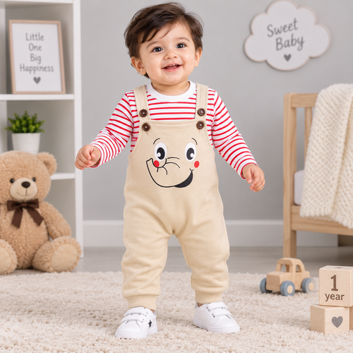 Smiley Face Baby Winter Dungaree Set with Striped Top