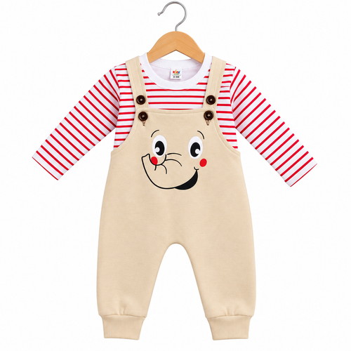 Smiley Face Baby Winter Dungaree Set with Striped Top