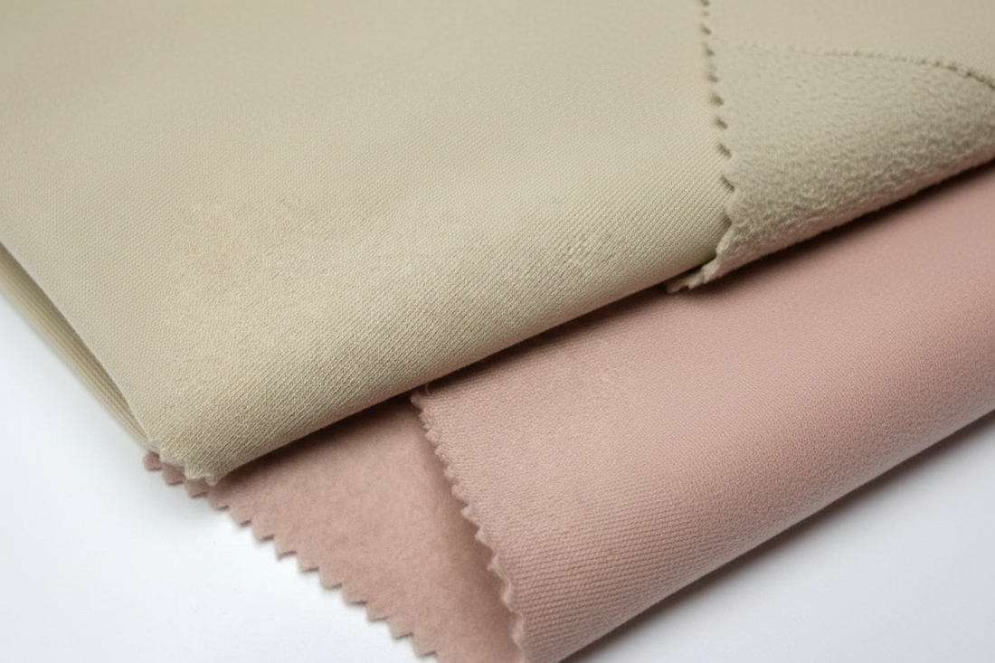 Soft fleece fabric in warm beige and dusty pink, showing the smooth plain outer face and the fuzzy brushed inner side