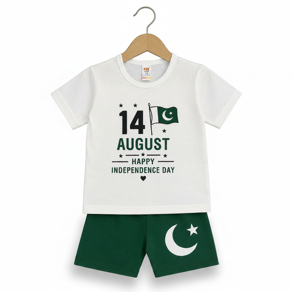 14 August Happy Independence Day Kids Outfit Set - White T-Shirt & Green Shorts - White Background