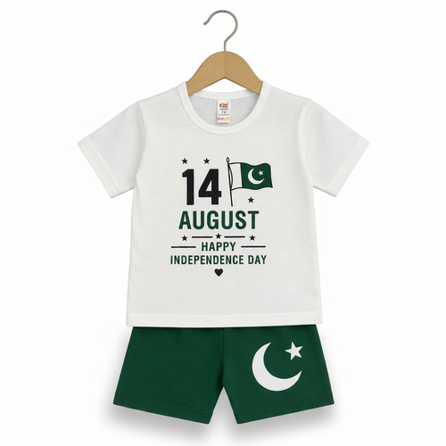 14 August Happy Independence Day Kids Outfit Set - White T-Shirt & Green Shorts - White Background