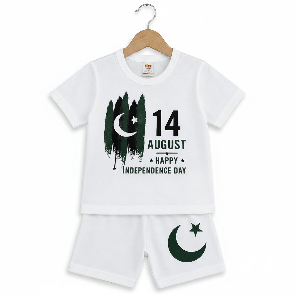 14 August Happy Independence Day Kids Outfit Set - White T-Shirt & White Shorts - White Background