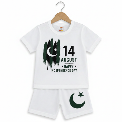 14 August Happy Independence Day Kids Outfit Set - White T-Shirt & White Shorts - White Background