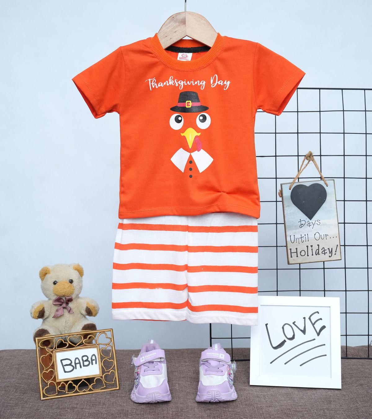 Cute Turkey Print Cotton Casual Shirt for Boys & Girls - striped shorts set (view 2)