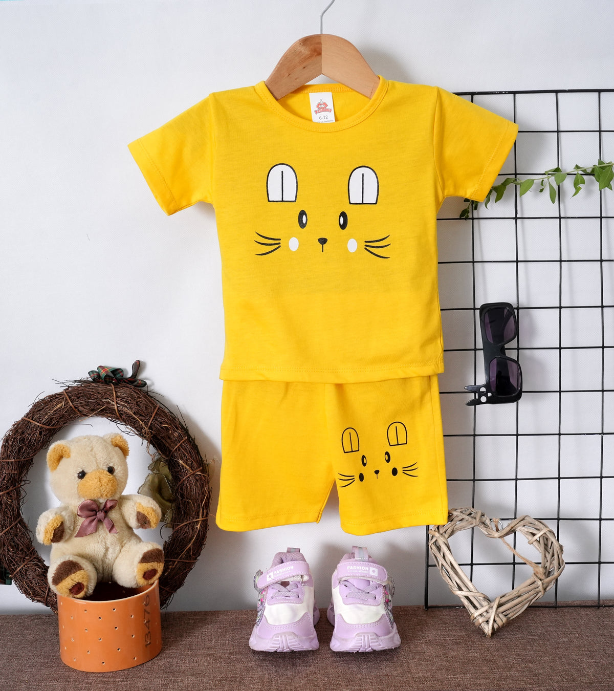 Kids Yellow Bunny Face Summer Suit - bunny print outfit (view 3)