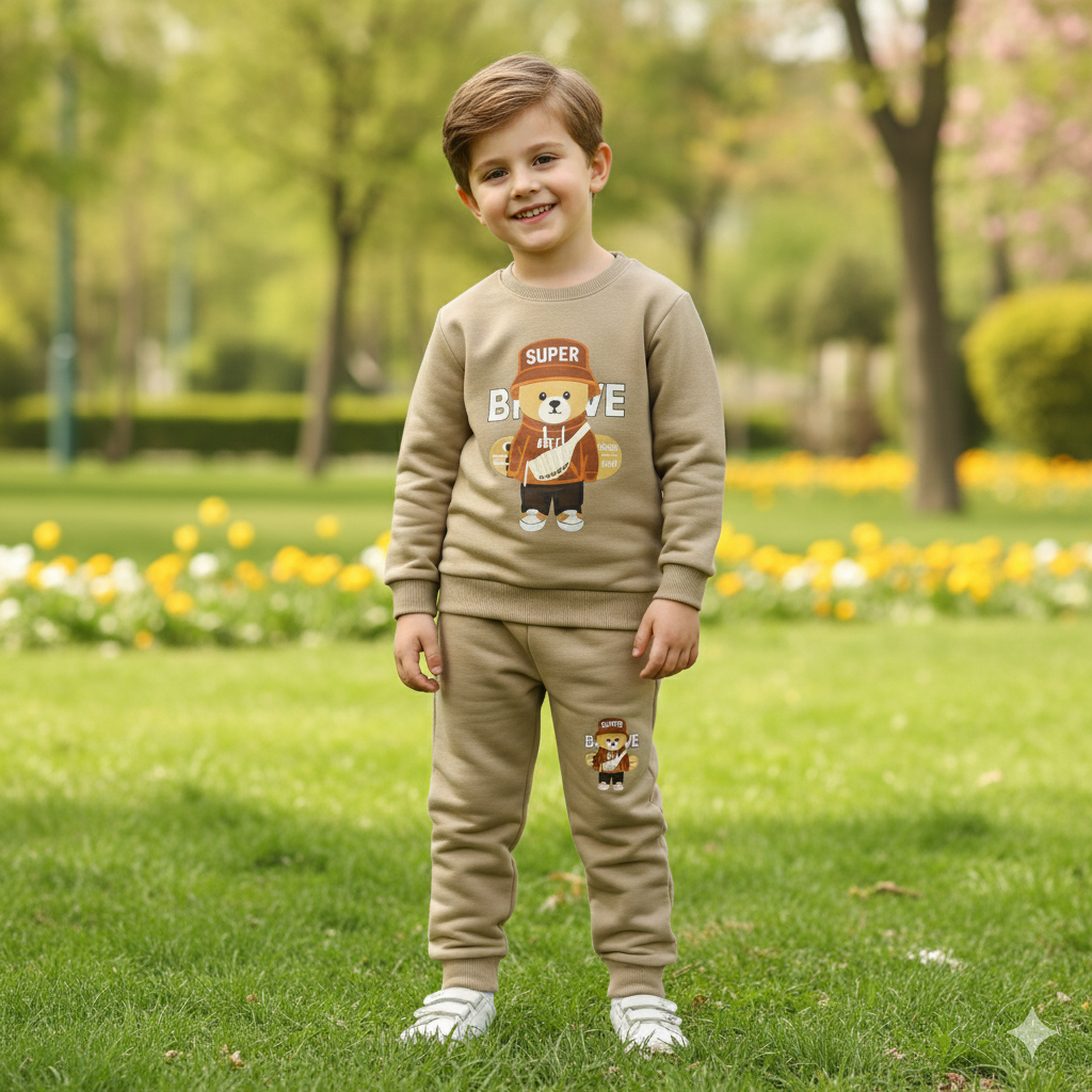 Super Brave Bear Print Kids Winter Tracksuit Set for Boys & Girls - bear (view 2)