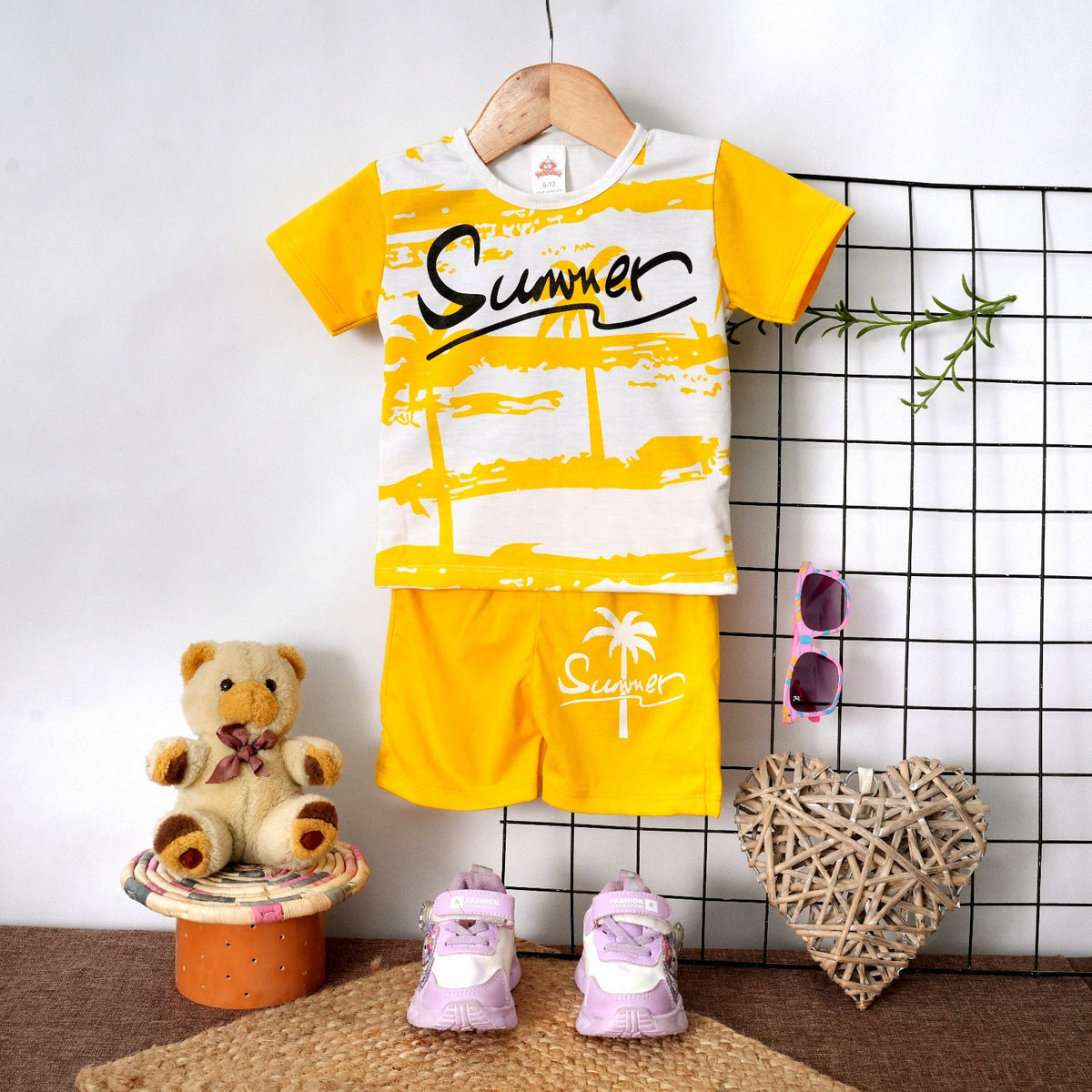 Stylish Yellow & White T-Shirt and Shorts Set - palm print outfit (view 3)