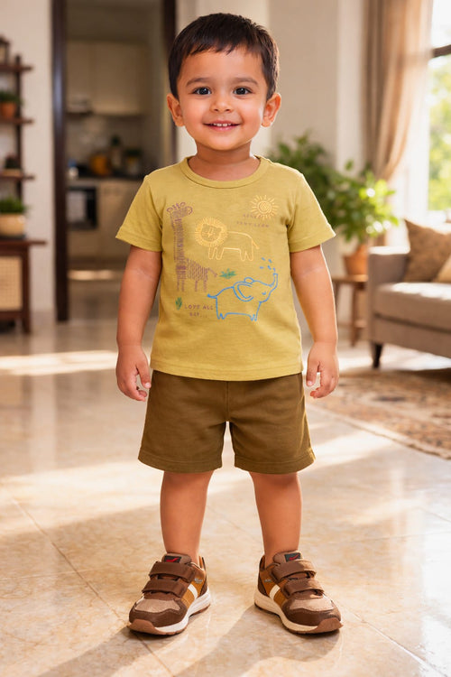 Animals Print Baby Boys & Girls Summer 2 Pcs Suit - mustard summer set (view 2)