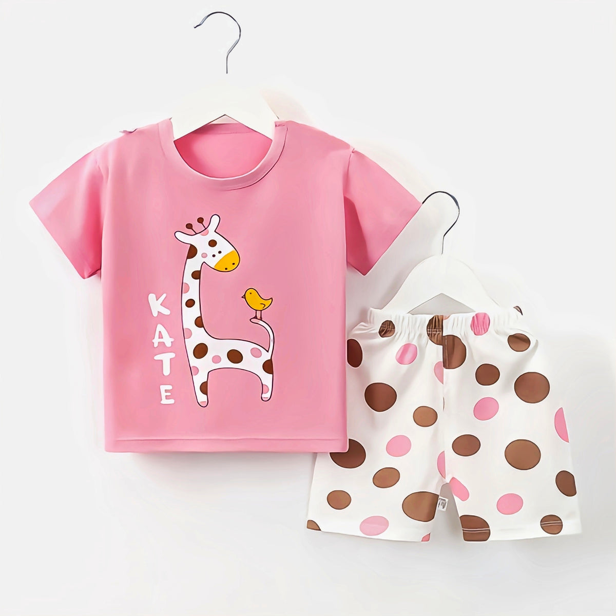 Summer Outfit Pink Cartoon Giraffe T-Shirt & Polka Dot Shorts Set - giraffe print outfit (view 2)