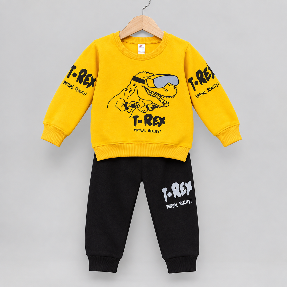 T-Rex Virtual Reality kids winter tracksuit with yellow sweatshirt and black joggers front view