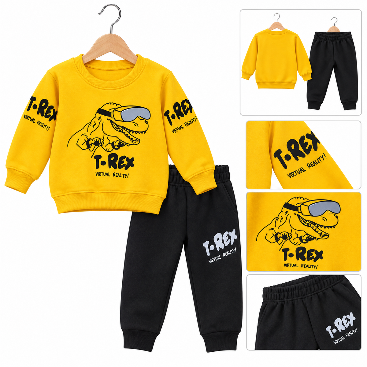 T-Rex Virtual Reality yellow sweatshirt with black joggers kids winter tracksuit set