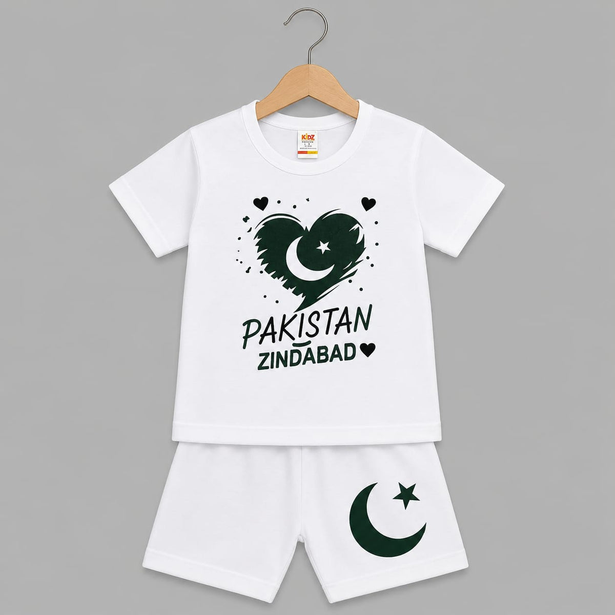 Pakistan Zindabad Kids Outfit Set - White T-Shirt & White Shorts - 14 august (view 2)