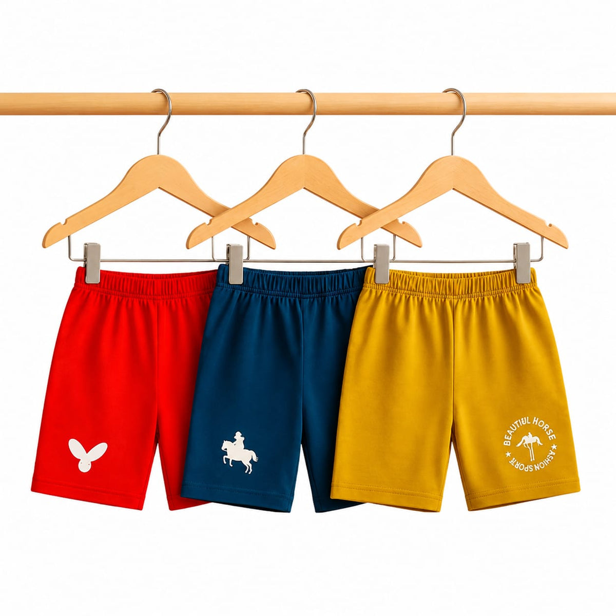 Beautiful Horse Print Kids Shorts - Red with Butterfly, Navy Blue with Horse Rider, Mustard Yellow with Beautiful Horse circle print