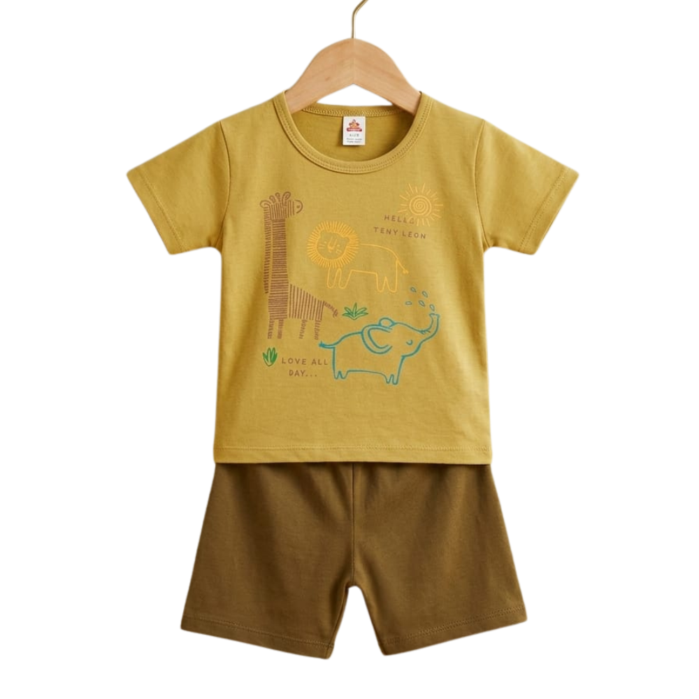 Animals Print Baby Boys & Girls Summer 2 Pcs Suit - mustard summer set (view 1)