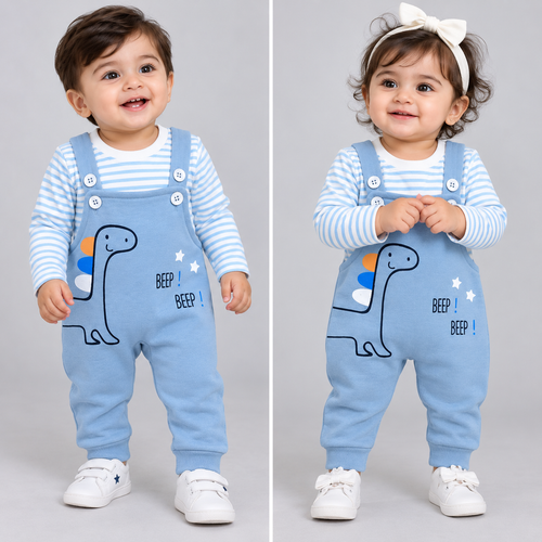 Cute Dinosaur Printed Winter Full Sleeve Shirt & Suspender Romper