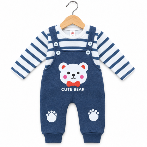 Cute Bear Winter Full Sleeve Shirt & Suspender Romper