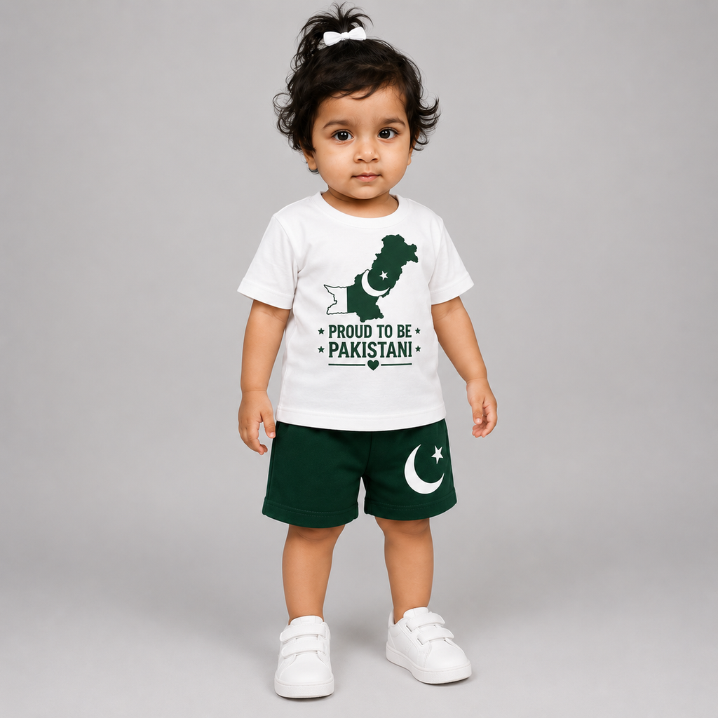 Proud to be Pakistani Kids Outfit Set - White T-Shirt & Green Shorts - 14 august (view 3)