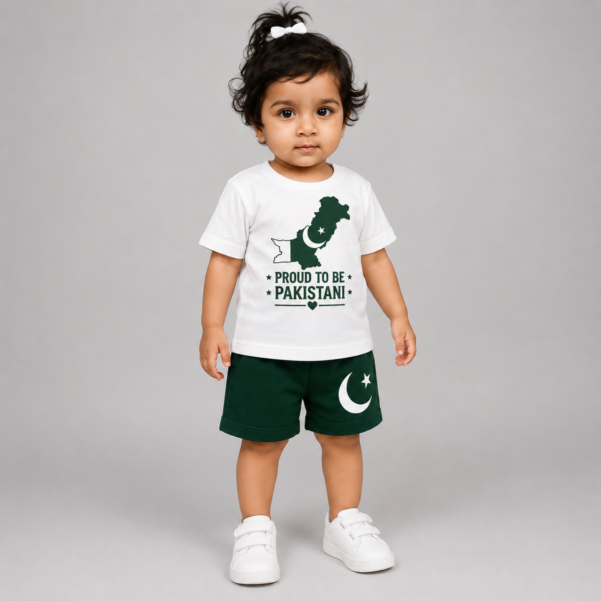 Proud to be Pakistani Kids Outfit Set - White T-Shirt & Green Shorts - 14 august (view 3)