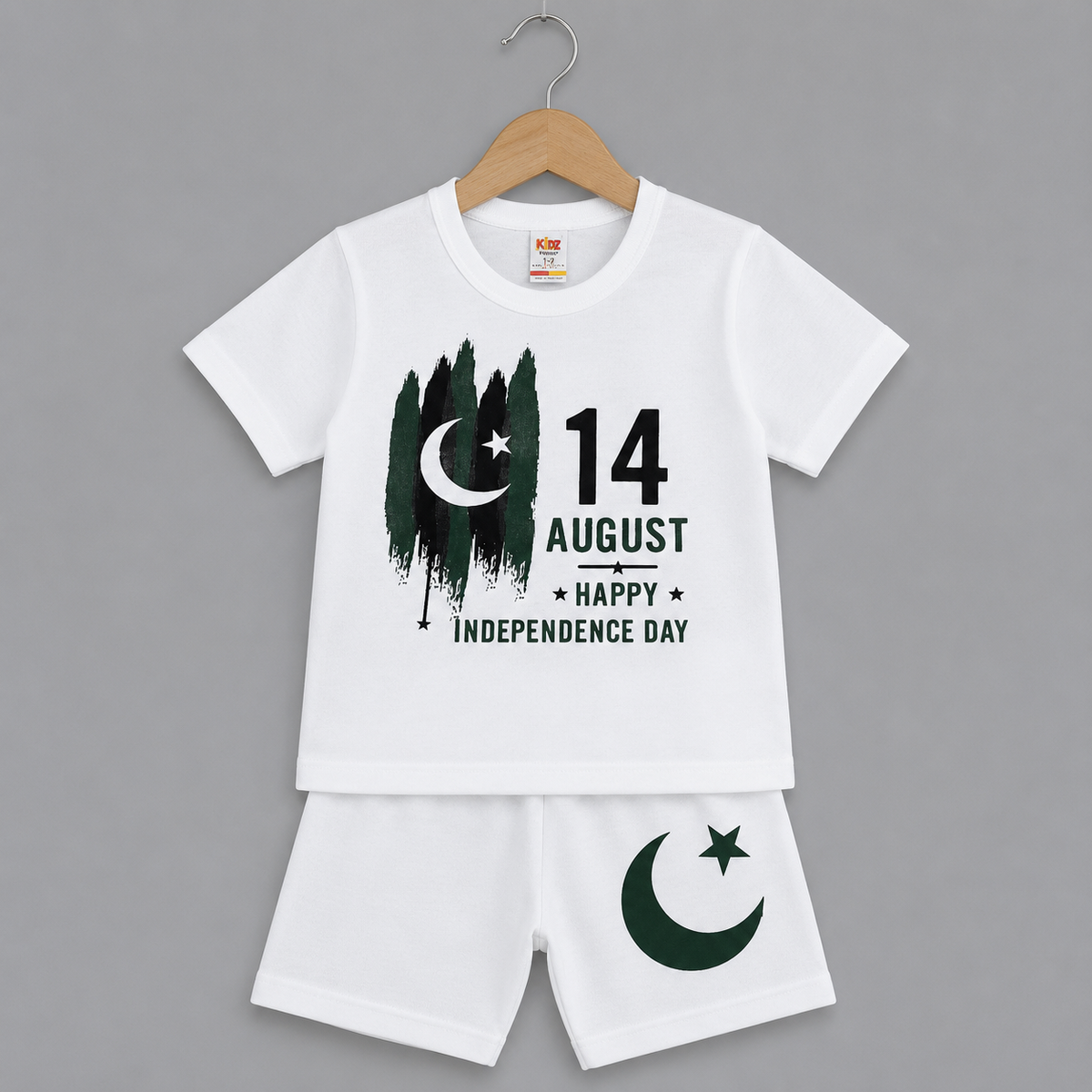 14 August Happy Independence Day Kids Outfit Set - White T-Shirt & White Shorts - 14 august (view 2)