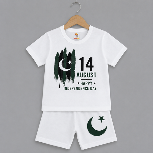 14 August Happy Independence Day Kids Outfit Set - White T-Shirt & White Shorts - 14 august (view 2)