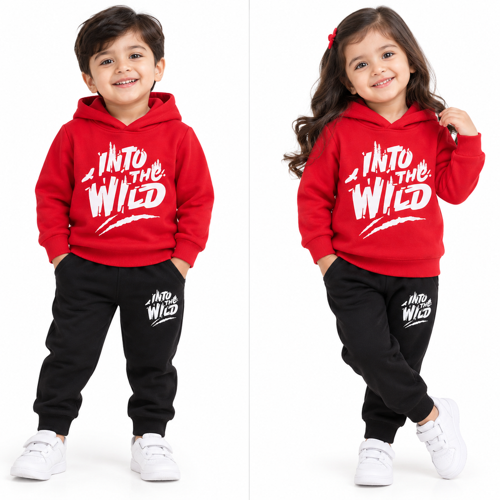 Red Into the Wild kids hoodie with matching black joggers