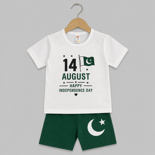 14 August Happy Independence Day Kids Outfit Set - White T-Shirt & Green Shorts - 14 august (view 3)