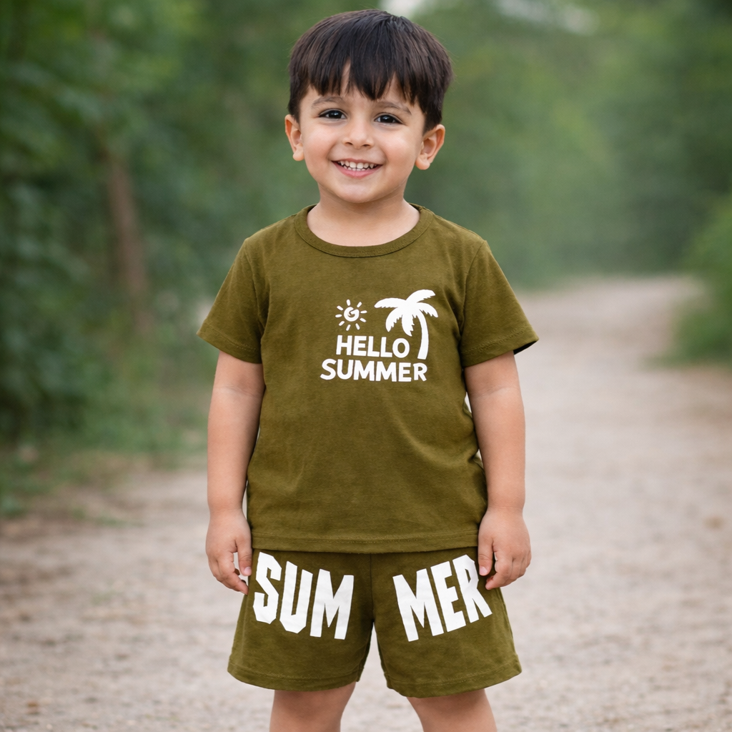 Hello Summer Printed Olive Green Outfit for Boys & Girls - kids summer set (view 2)