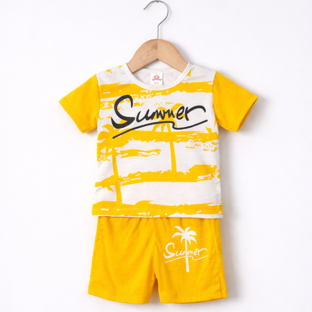 Stylish Yellow & White T-Shirt and Shorts Set - palm print outfit (view 2)