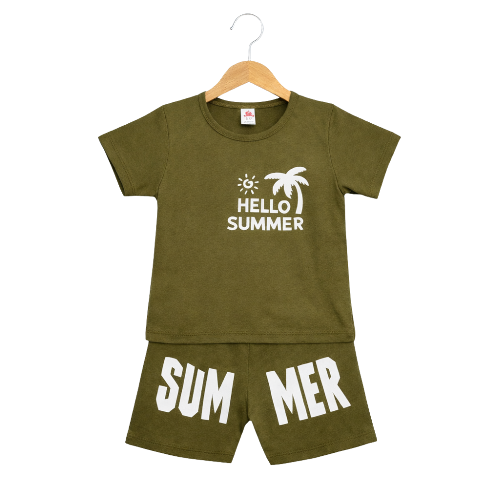 Hello Summer Printed Olive Green Outfit for Boys & Girls - kids summer set (view 1)