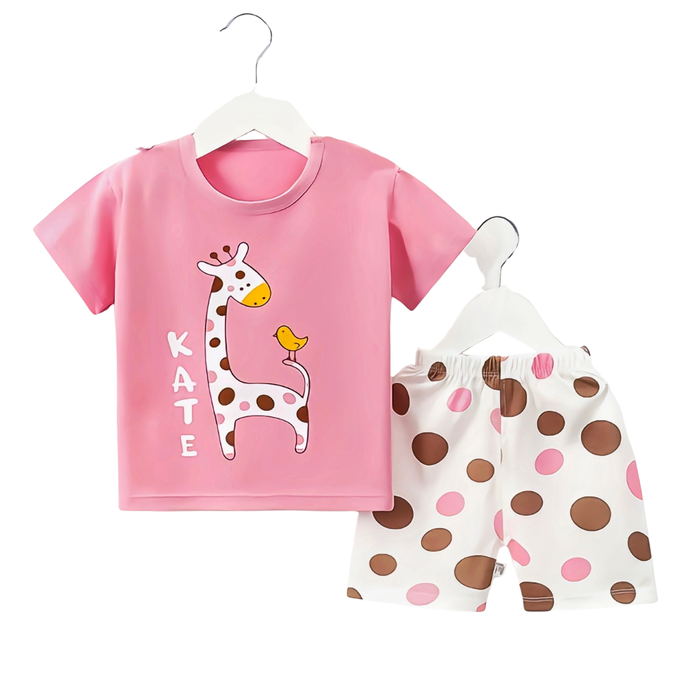 Summer Outfit Pink Cartoon Giraffe T-Shirt & Polka Dot Shorts Set - giraffe print outfit (view 1)