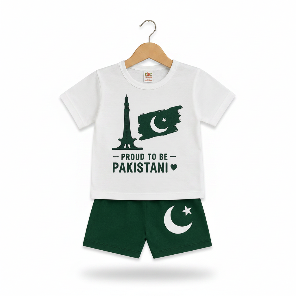 Proud to be Pakistani Kids Outfit Set - Minar-e-Pakistan White T-Shirt & Green Shorts - White Background 