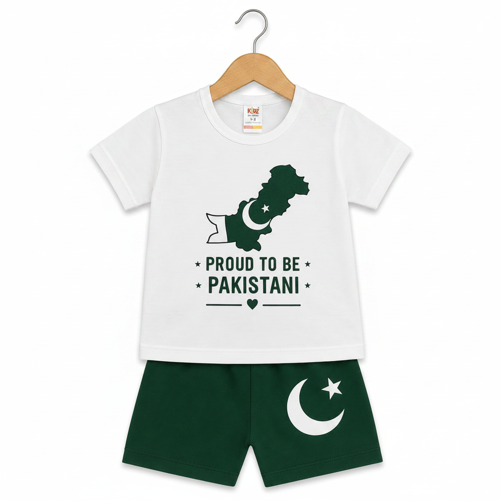  Proud to be Pakistani Kids Outfit Set - White T-Shirt & Green Shorts - White Background