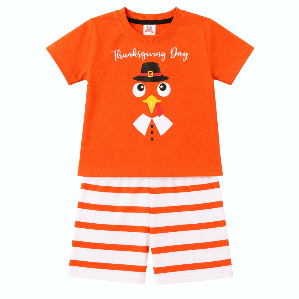 Cute Turkey Print Cotton Casual Shirt for Boys & Girls - striped shorts set (view 1)